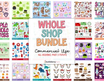 Puede incluir: Una colección de hojas de pegatinas digitales con varios temas, incluyendo perezosos, tréboles y personajes de Halloween. La imagen central dice "WHOLE SHOP BUNDLE" y "Commercial Use".