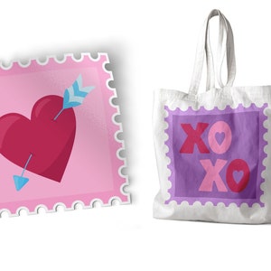 May include: A white tote bag featuring a purple postage stamp graphic with the text XOXO in pink and red, alongside a separate square pink postage stamp graphic showing a dark red heart pierced by a light blue arrow.