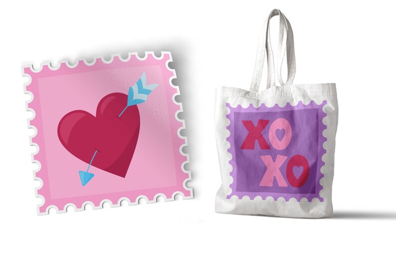 May include: A white tote bag featuring a purple postage stamp graphic with the text XOXO in pink and red, alongside a separate square pink postage stamp graphic showing a dark red heart pierced by a light blue arrow.