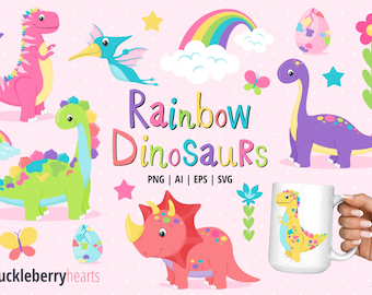 May include: A set of colorful rainbow dinosaur illustrations, including a pink dinosaur, a green dinosaur, a purple dinosaur, a pink triceratops, a yellow dinosaur, a blue pterodactyl, a rainbow, a butterfly, a flower, and an egg. The text "Rainbow Dinosaurs" is written in the center of the image.