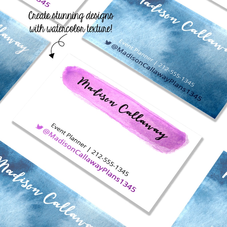 May include: A business card with a watercolor background in shades of blue. The text on the card reads "Madison Callaway" in a pink watercolor stroke and "Event Planner | 212-555-1345 @MadisonCallawayPlans1345".
