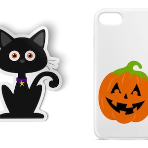 May include: Two Halloween themed phone cases. One case features a black cat with a purple collar and a gold star. The other case features a smiling orange pumpkin.