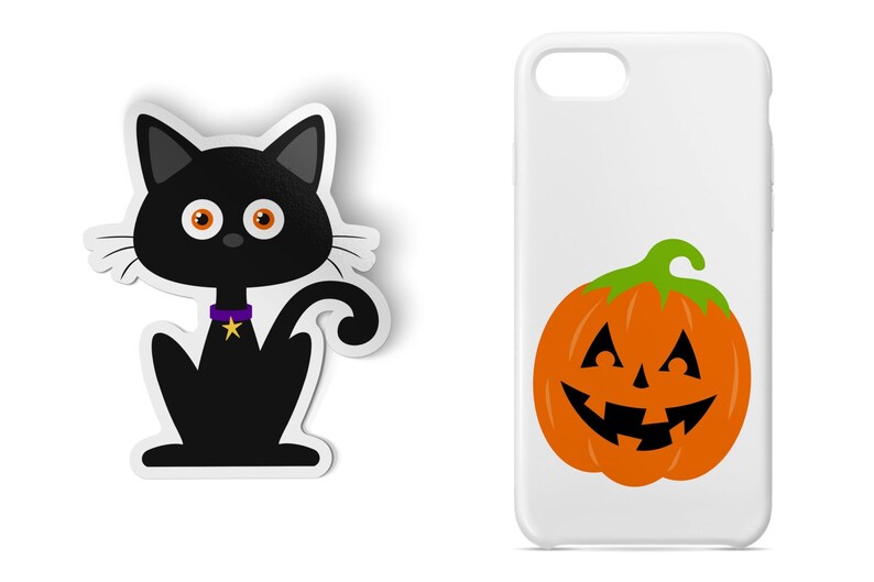 May include: Two Halloween themed phone cases. One case features a black cat with a purple collar and a gold star. The other case features a smiling orange pumpkin.