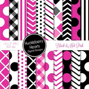 Black and Hot Pink Patterns Digital Scrapbook Paper, Digital Backgrounds, DIY Printables