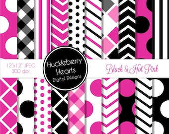 Black and Hot Pink Patterns Digital Scrapbook Paper, Digital Backgrounds, DIY Printables
