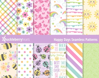 Pode incluir: Uma coleção de padrões sem costura coloridos com vários designs. Os padrões incluem borboletas, arco-íris, flores, abelhas, joaninhas, sóis e listras. O texto "Happy Days Seamless Patterns" é exibido.
