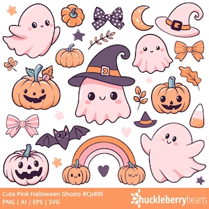 Cute Pink Halloween Ghosts Clipart, Pink Ghost PNG, Pink Halloween Clipart, Pink Halloween PNG, Cute Pink Halloween SVG, Commercial Use