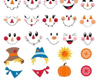 Scarecrow Faces Clipart, Fall SVG Bundle, Thanksgiving PNG, Cute Scare Crow Printable, Small Commercial Use