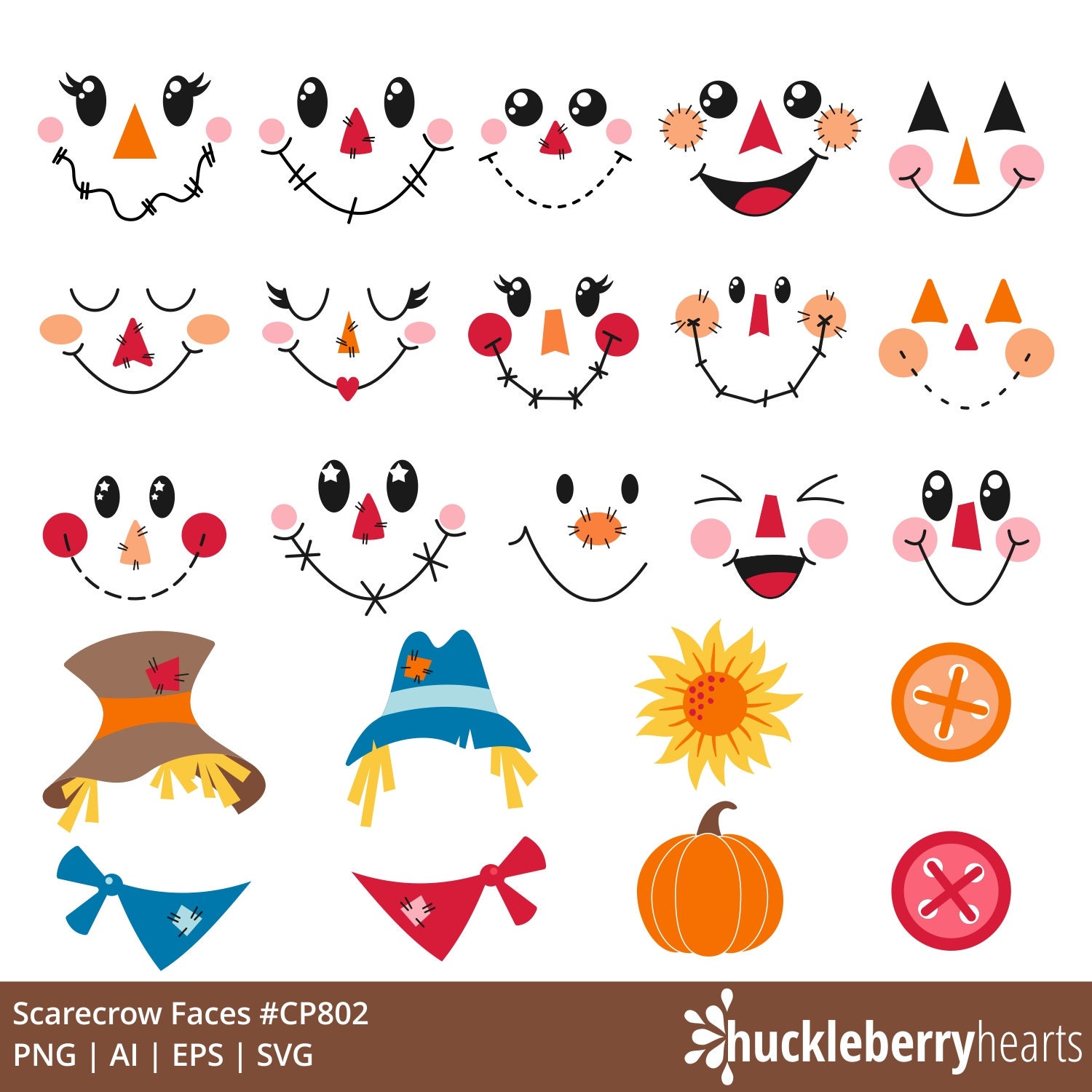 Scarecrow Faces Clipart, Fall SVG Bundle, Thanksgiving PNG, Cute Scare Crow Printable, Small Commercial Use