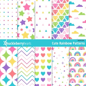 Cute Rainbow Digital Patterns, Rainbow Hearts Digital Paper, Printable, Small Commercial Use, #DP334