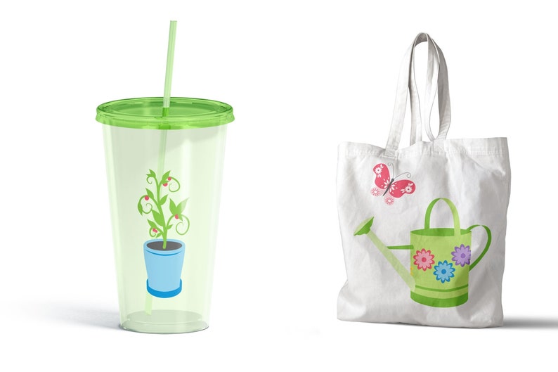 May include: A green reusable cup with a straw and a green plant with red berries in a blue pot. A white tote bag with a green watering can with pink, purple, and blue flowers and a pink butterfly.