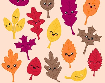 Kawaii Fall Leaves Clipart, Cute Autumn SVG Bundle, Thanksgiving Leaf PNG, Small Commercial Use