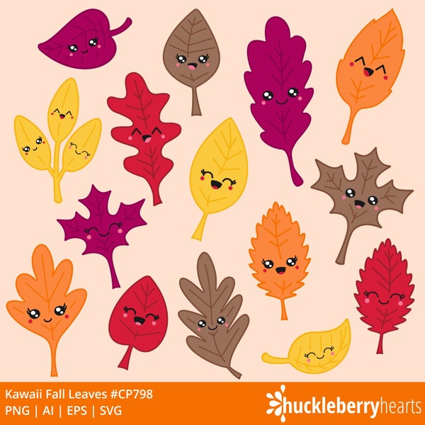 Kawaii Fall Leaves Clipart, Cute Autumn SVG Bundle, Thanksgiving Leaf PNG, Small Commercial Use