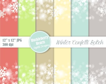 Winter Confetti Bokeh Digital Paper, Holiday Snowflakes (Digital Download)
