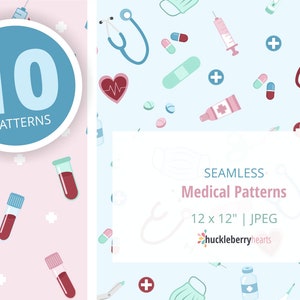 May include: A set of 10 digital seamless patterns featuring medical illustrations. The patterns include red crosses, pills, bandages, stethoscopes, and other medical symbols. The patterns are 12 inches by 12 inches and are in JPEG format. The patterns are available for download from Huckleberryhearts.
