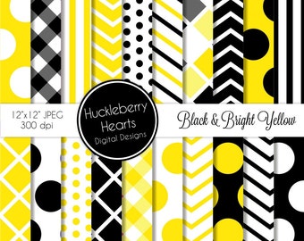 Black and Bright Yellow Patterns Digital Scrapbook Paper, Digital Backgrounds, DIY Printables