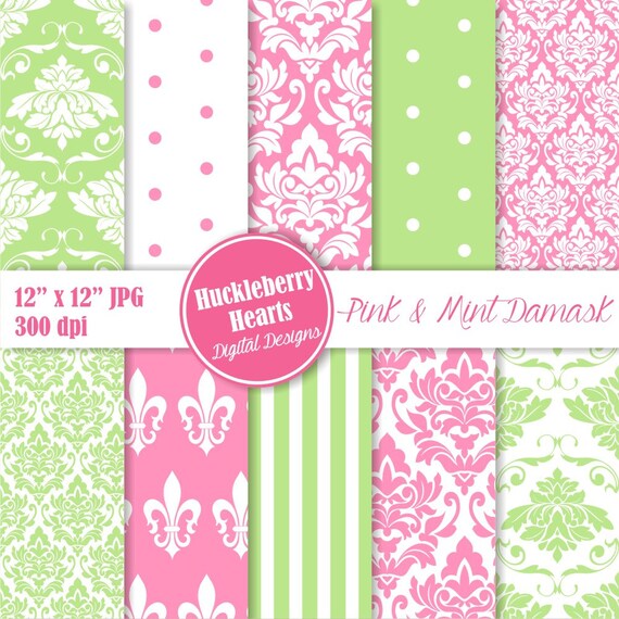 Pink and Mint Damask Wedding Damask Classic Damask Digital Etsy