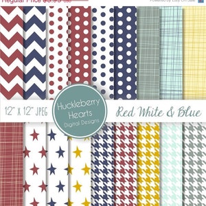 Red White and Blue Digital Scrapbook Paper, Digital Backgrounds, DIY Printable