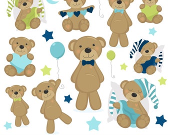 Baby Boy Teddy Bear Clipart | Baby Nursery Printables (Commercial Use)