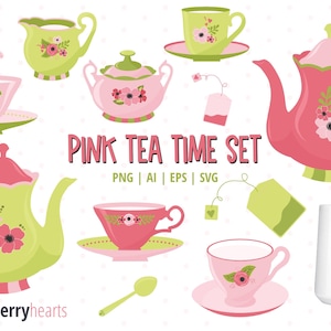 Puede incluir: Un conjunto de tazas de té, teteras y platillos rosas y verdes con diseños florales. El conjunto incluye un azucarero, una jarra de leche y bolsitas de té. El texto "PINK TEA TIME SET" está escrito en letras rosas sobre un fondo blanco.