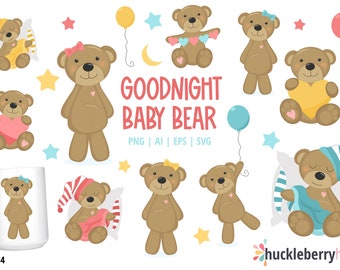 Teddy Bear Clipart, Cute Bear Clip Art, Baby Girl Bear Clipart Set, Baby Girl Nursery Clipart, Printable, Commercial Use