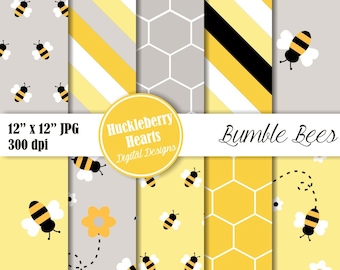May include: A digital paper pack with six different patterns featuring bumblebees, honeycombs, and stripes in yellow, grey, and black. The text "Huckleberry Hearts Digital Designs" and "Bumble Bees" is included in the image.