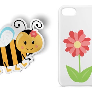 May include: A white phone case with a pink flower and green leaves. A separate sticker of a cartoon bee with black and yellow stripes and a pink flower on its head.