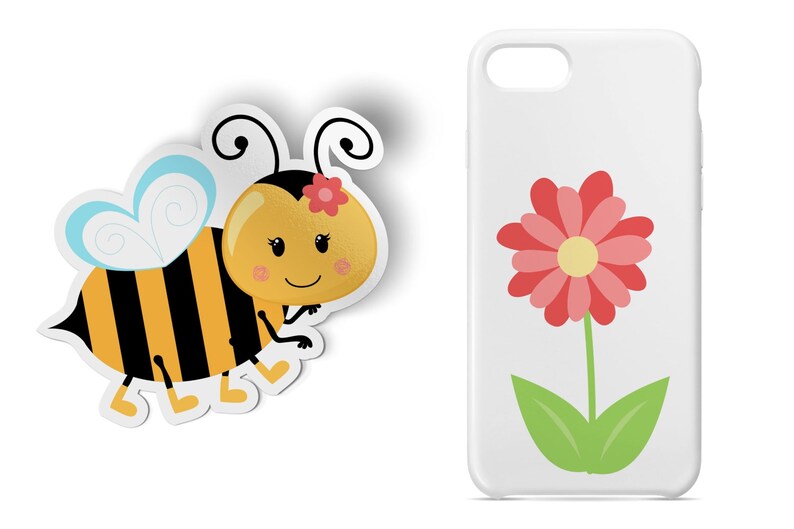 May include: A white phone case with a pink flower and green leaves. A separate sticker of a cartoon bee with black and yellow stripes and a pink flower on its head.