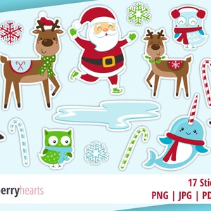 May include: A set of 17 Christmas-themed stickers featuring a penguin, reindeer, Santa Claus, an owl, a narwhal, a candy cane, a snowflake, and a Christmas tree. The stickers are on a light blue background.