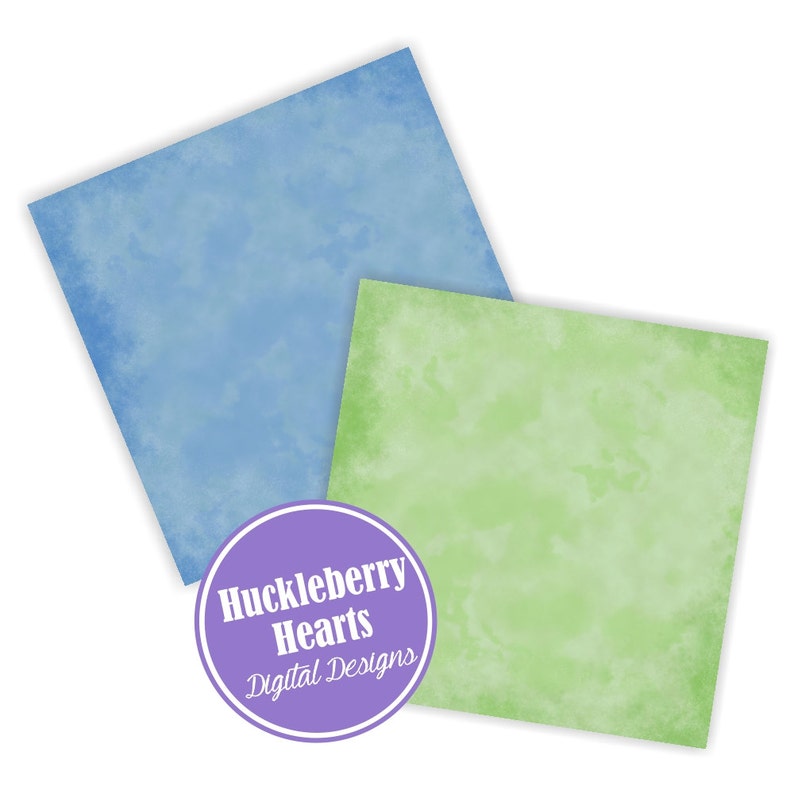 May include: Two digital paper backgrounds, one light blue and one light green, with a faded watercolor effect. The papers are square and have a subtle texture. The text "Huckleberry Hearts Digital Designs" is in a purple circle.