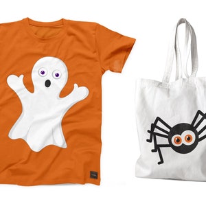 May include: An orange t-shirt with a white ghost with purple eyes and a surprised expression. A white tote bag with a black spider with orange eyes.