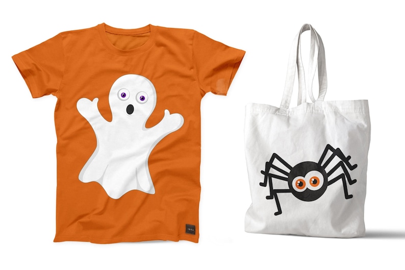 May include: An orange t-shirt with a white ghost with purple eyes and a surprised expression. A white tote bag with a black spider with orange eyes.