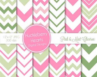 Pink and Mint Chevron Digital Scrapbook Paper, Chevron Background