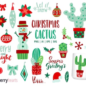 May include: A set of Christmas cactus illustrations featuring a variety of designs, including cacti with ornaments, a snowman, a candy cane, and the text "Christmas Cactus".