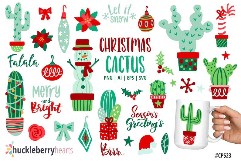 May include: A set of Christmas cactus illustrations featuring a variety of designs, including cacti with ornaments, a snowman, a candy cane, and the text "Christmas Cactus".