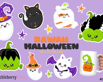 Könnte beinhalten: Ein Set mit zehn niedlichen Halloween-Clipart-Bildern mit verschiedenen Charakteren, darunter Geister, Kürbisse, eine Mumie, eine schwarze Katze und ein Monster. Die Bilder sind im Cartoon-Stil gehalten und eignen sich perfekt für den Einsatz in digitalen Projekten oder zum Ausdrucken.
