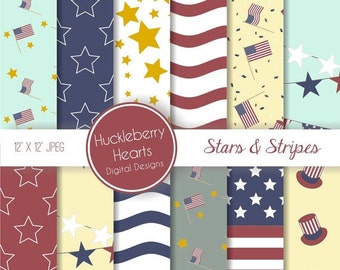 Stars and Stripes Digital Scrapbook Paper, Digital Background, DIY Printable Paper with Red, White, Blue Colors