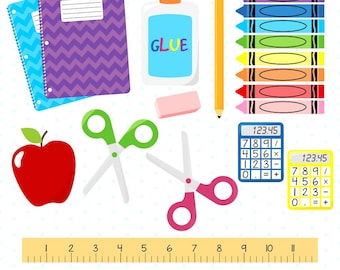 Puede incluir: Clipart de útiles escolares con una libreta morada y azul, una manzana roja, un par de tijeras verdes y blancas, un par de tijeras rosas y blancas, una regla amarilla, una calculadora azul con el texto "123.45", una calculadora amarilla con el texto "123.45", una botella de pegamento con el texto "GLUE", un lápiz y un juego de ocho crayones de colores.