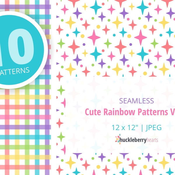 Cute Rainbow Digital Patterns, Rainbow Hearts Digital Paper, Rainbow Seamless Patterns, Printable, Commercial Use