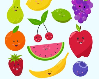 Kawaii Fruit Clipart, Cute Fruit SVG, Printable (Commercial Use)