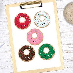 May include: Five colorful donuts with sprinkles and cute faces. The donuts are red, pink, white, green, and brown.