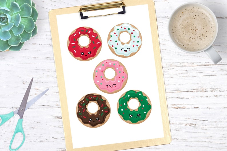 May include: Five colorful donuts with sprinkles and cute faces. The donuts are red, pink, white, green, and brown.