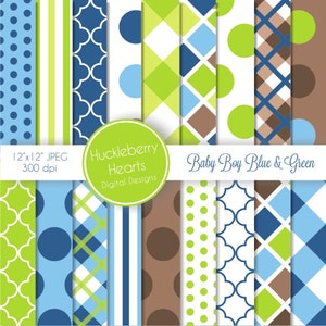 Baby Boy Blue and Green Digital Scrapbook Paper, Digital Background, DIY Printable Paper
