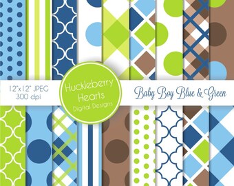 Baby Boy Blue and Green Digital Scrapbook Paper, Digital Background, DIY Printable Paper