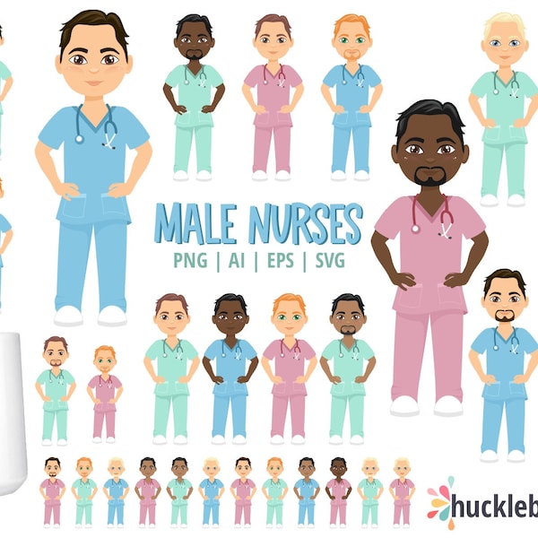 Male Nurse Clipart, Medical SVG Bundle, Murse, Chibi PNG, Healthcare Graphics, Small Commercial Use