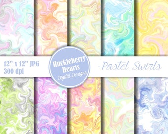 May include: Set of eight 12x12 inch digital paper designs featuring pastel swirls in shades of blue, green, pink, yellow, and orange. The papers are 300 dpi and are perfect for scrapbooking, card making, and other crafting projects.  Huckleberry Hearts Digital Designs.