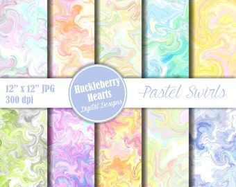 Swirl Paper, Digital Swirls, Marbelized Paper in Pastel Pinks, Blues, Greens,and Yellows