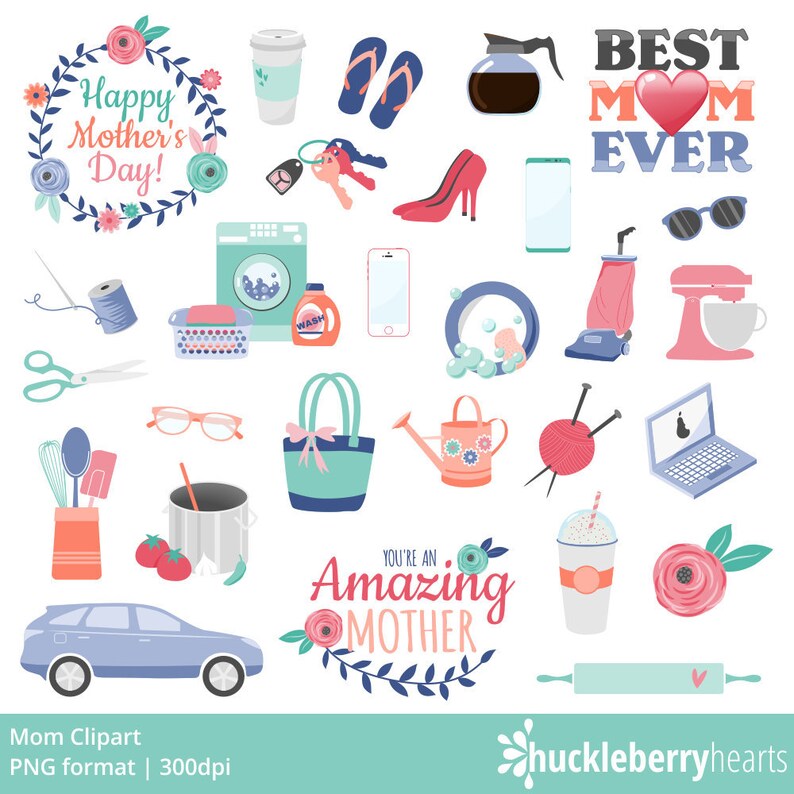 K&ouml;nnte beinhalten: Eine bunte Illustration mit verschiedenen Elementen zum Muttertag, darunter ein Kranz mit Text, eine Kaffeetasse, Flip-Flops, eine Kaffeekanne, ein Herz, eine Sonnenbrille, eine Waschmaschine, eine Handtasche, eine Gie&szlig;kanne und ein Auto.