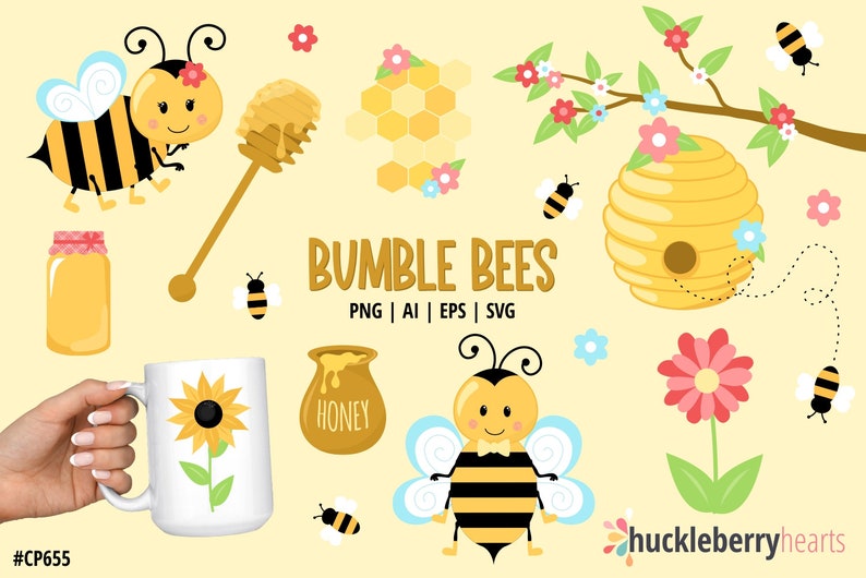 May include: A set of digital clipart featuring bumblebees, honey pots, honeycomb, flowers, and a beehive. The clipart is in a cartoon style and is perfect for crafting projects, scrapbooking, and more.