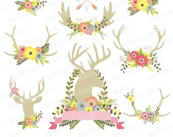 Flowers and Antlers, Antler Clipart, Wedding Clipart, Flower Clipart, Digital Antlers,